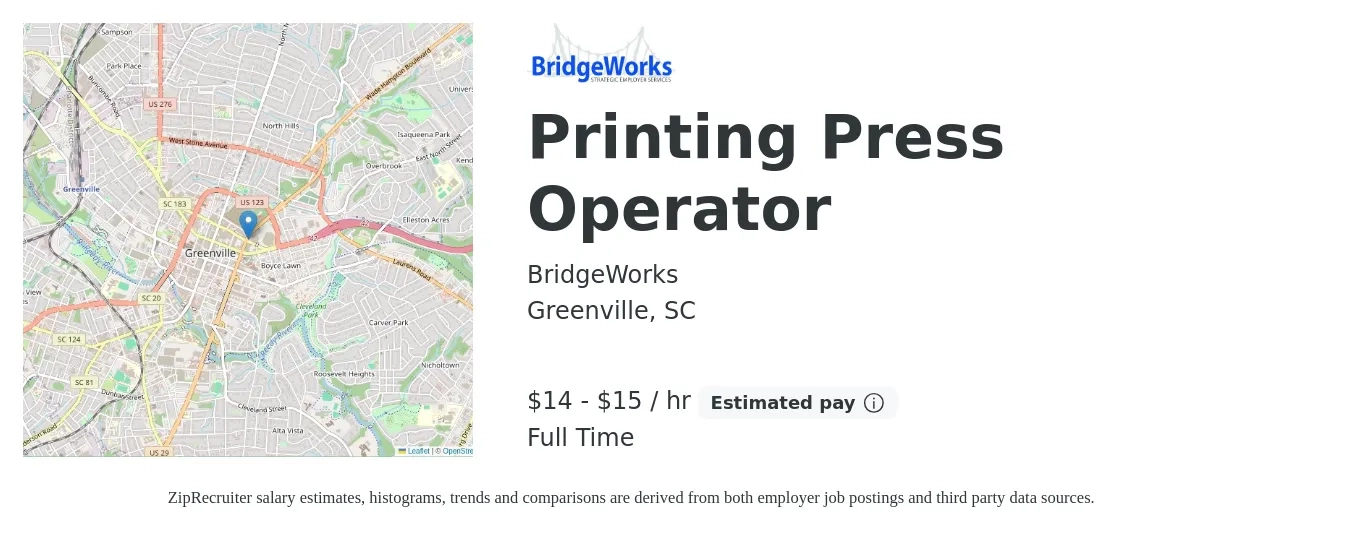 BridgeWorks job posting for a Printing Press Operator in Greenville, SC with a salary of $15 to $16 Hourly with a map of Greenville location.