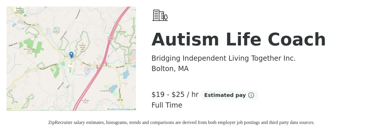 Bridging Independent Living Together Inc. job posting for a Autism Life Coach in Bolton, MA with a salary of $20 to $25 Hourly with a map of Bolton location.
