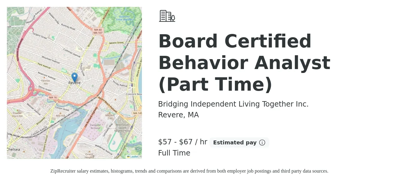 Bridging Independent Living Together Inc. job posting for a Board Certified Behavior Analyst (Part Time) in Revere, MA with a salary of $60 to $70 Hourly with a map of Revere location.