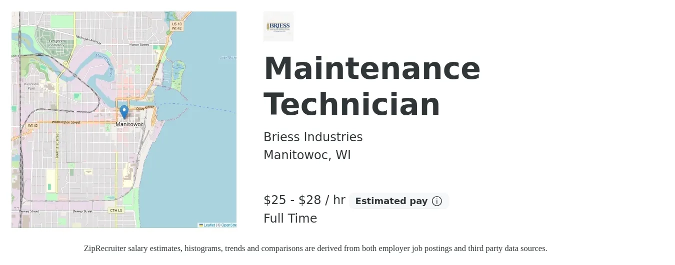 Briess Industries job posting for a Maintenance Technician in Manitowoc, WI with a salary of $26 to $30 Hourly with a map of Manitowoc location.