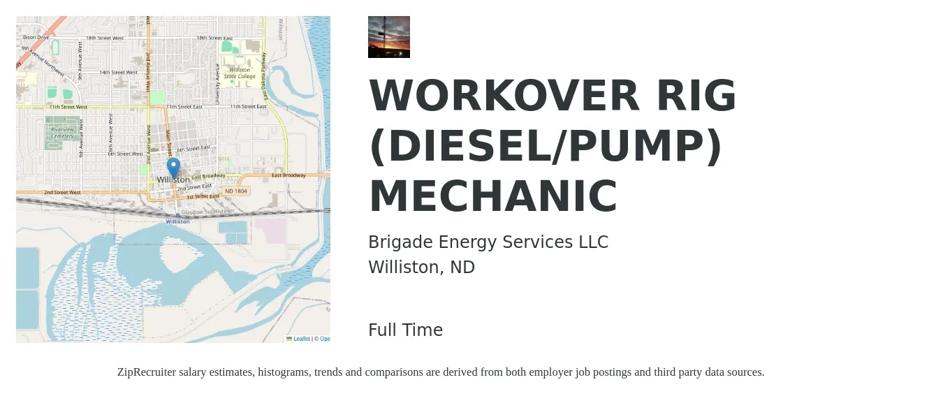 Brigade Energy Services LLC job posting for a WORKOVER RIG (DIESEL/PUMP) MECHANIC in Williston, ND with a salary of $24 to $32 Hourly with a map of Williston location.