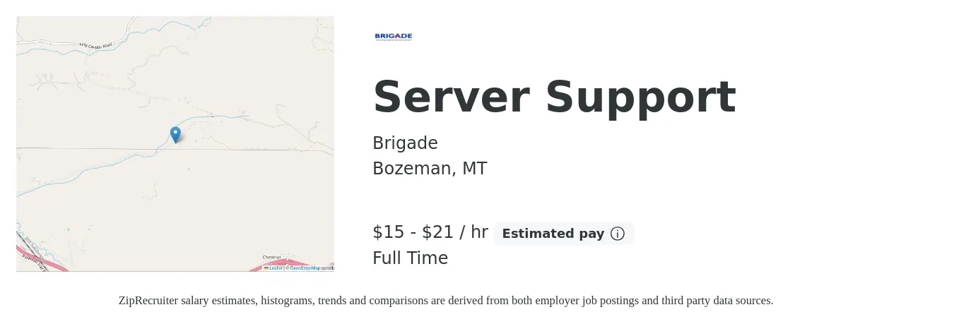 Brigade job posting for a Server Support in Bozeman, MT with a salary of $16 to $22 Hourly with a map of Bozeman location.