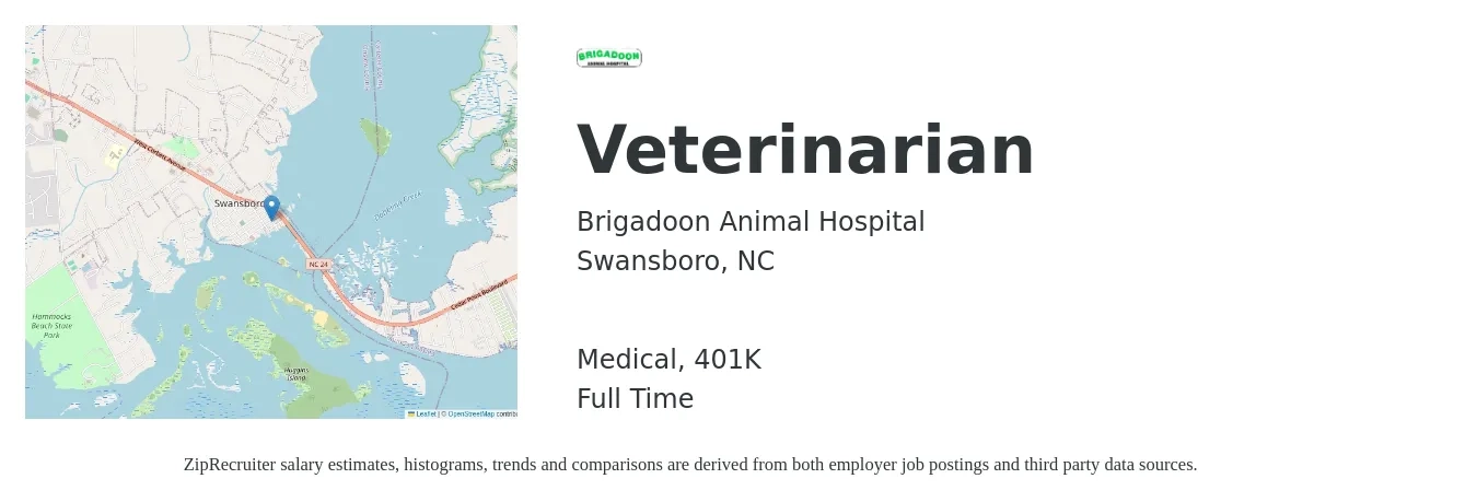 Brigadoon Animal Hospital job posting for a Veterinarian in Swansboro, NC with a salary of $93,900 to $182,800 Yearly and benefits including 401k, and medical with a map of Swansboro location.