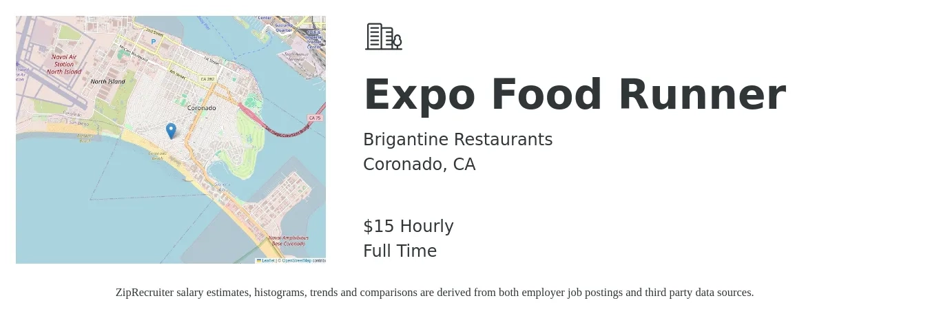 Brigantine Restaurants job posting for a Expo Food Runner in Coronado, CA with a salary of $16 Hourly with a map of Coronado location.