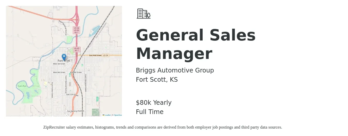 Briggs Automotive Group job posting for a General Sales Manager in Fort Scott, KS with a salary of $80,000 Yearly with a map of Fort Scott location.