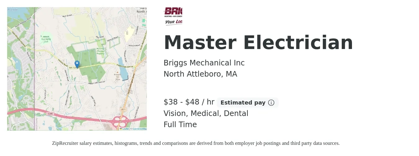Briggs Mechanical Inc job posting for a Master Electrician in North Attleboro, MA with a salary of $40 to $50 Hourly and benefits including dental, medical, pto, retirement, and vision with a map of North Attleboro location.