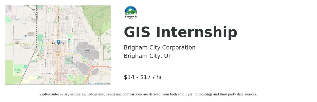 Brigham City Corporation job posting for a GIS Internship in Brigham City, UT with a salary of $15 to $18 Hourly with a map of Brigham City location.