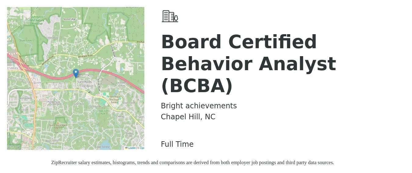 Bright achievements job posting for a Board Certified Behavior Analyst (BCBA) in Chapel Hill, NC with a salary of $61,400 to $75,100 Yearly with a map of Chapel Hill location.
