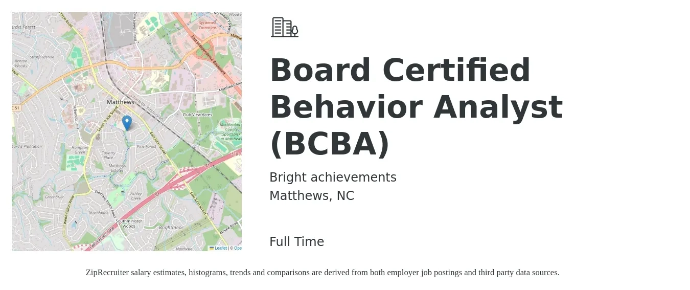 Bright achievements job posting for a Board Certified Behavior Analyst (BCBA) in Matthews, NC with a salary of $69,500 to $85,000 Yearly with a map of Matthews location.
