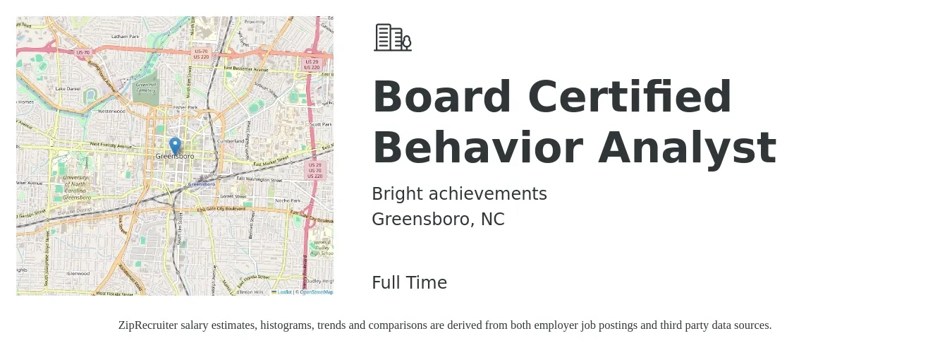 Bright achievements job posting for a Board Certified Behavior Analyst in Greensboro, NC with a salary of $71,700 to $87,700 Yearly with a map of Greensboro location.