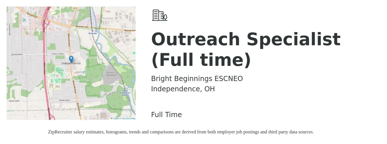 Bright Beginnings ESCNEO job posting for a Outreach Specialist (Full time) in Independence, OH with a salary of $34,000 to $47,600 Yearly with a map of Independence location.
