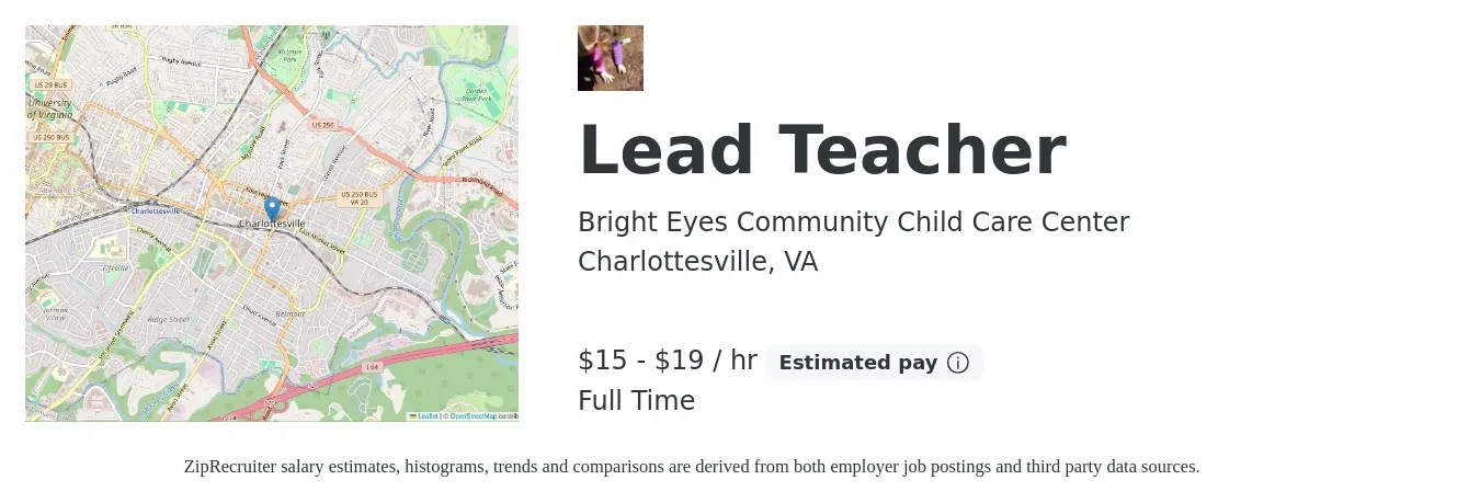 Bright Eyes Community Child Care Center job posting for a Lead Teacher in Charlottesville, VA with a salary of $16 to $20 Hourly with a map of Charlottesville location.