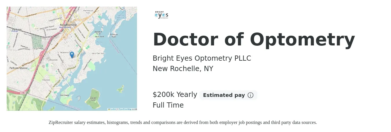 Bright Eyes Optometry PLLC job posting for a Doctor of Optometry in New Rochelle, NY with a salary of $200,000 Yearly with a map of New Rochelle location.