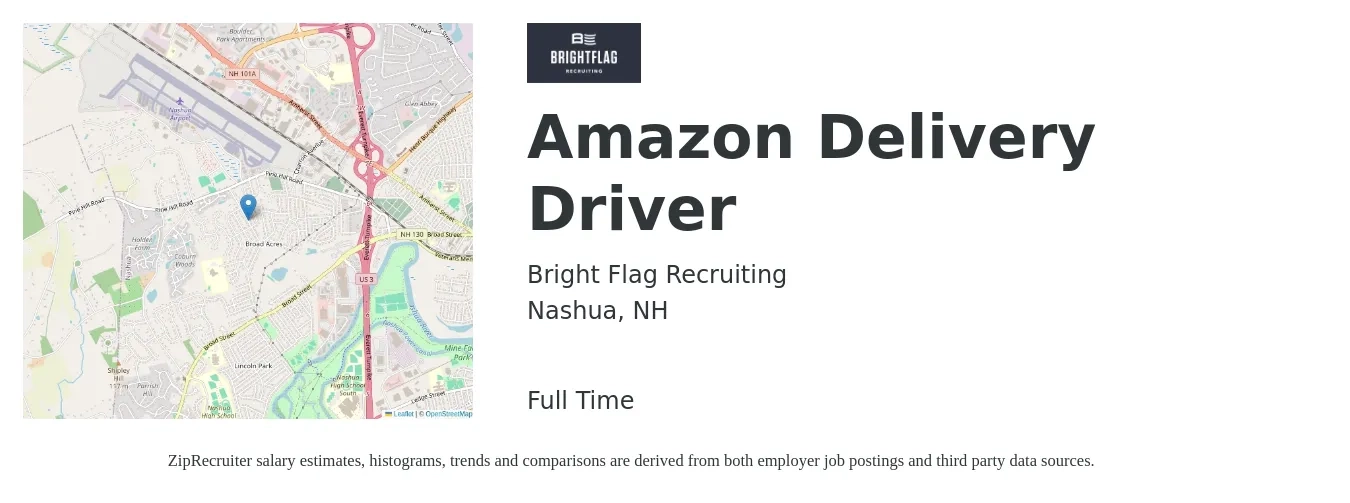 Bright Flag Recruiting job posting for a Amazon Delivery Driver in Nashua, NH with a salary of $20 Hourly with a map of Nashua location.