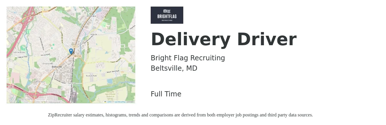 Bright Flag Recruiting job posting for a Delivery Driver in Beltsville, MD with a salary of $750 Daily with a map of Beltsville location.