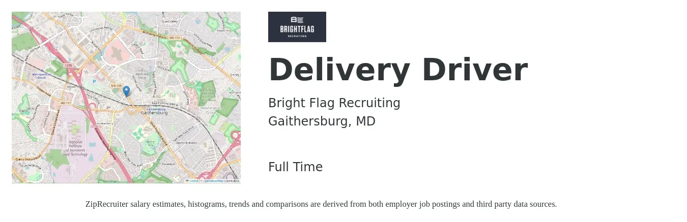 Bright Flag Recruiting job posting for a Delivery Driver in Gaithersburg, MD with a salary of $750 Daily with a map of Gaithersburg location.