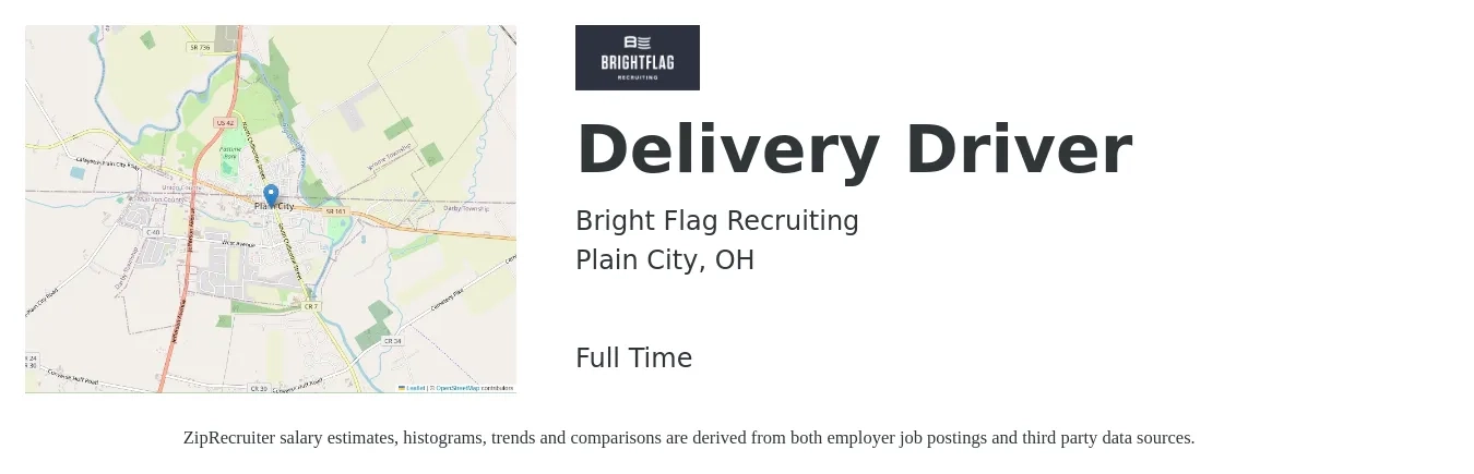 Bright Flag Recruiting job posting for a Delivery Driver in Plain City, OH with a salary of $160 Daily with a map of Plain City location.