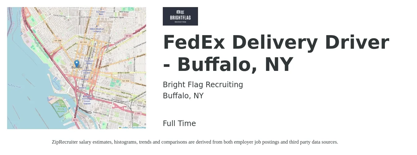 Bright Flag Recruiting job posting for a FedEx Delivery Driver - Buffalo, NY in Buffalo, NY with a salary of $148 Daily with a map of Buffalo location.