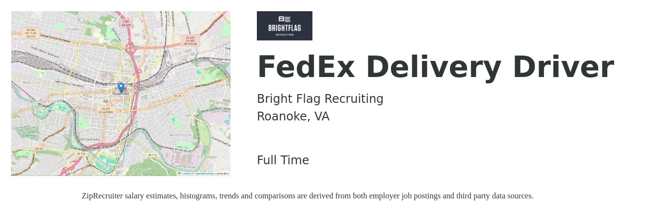 Bright Flag Recruiting job posting for a FedEx Delivery Driver in Roanoke, VA with a salary of $16 to $20 Hourly with a map of Roanoke location.