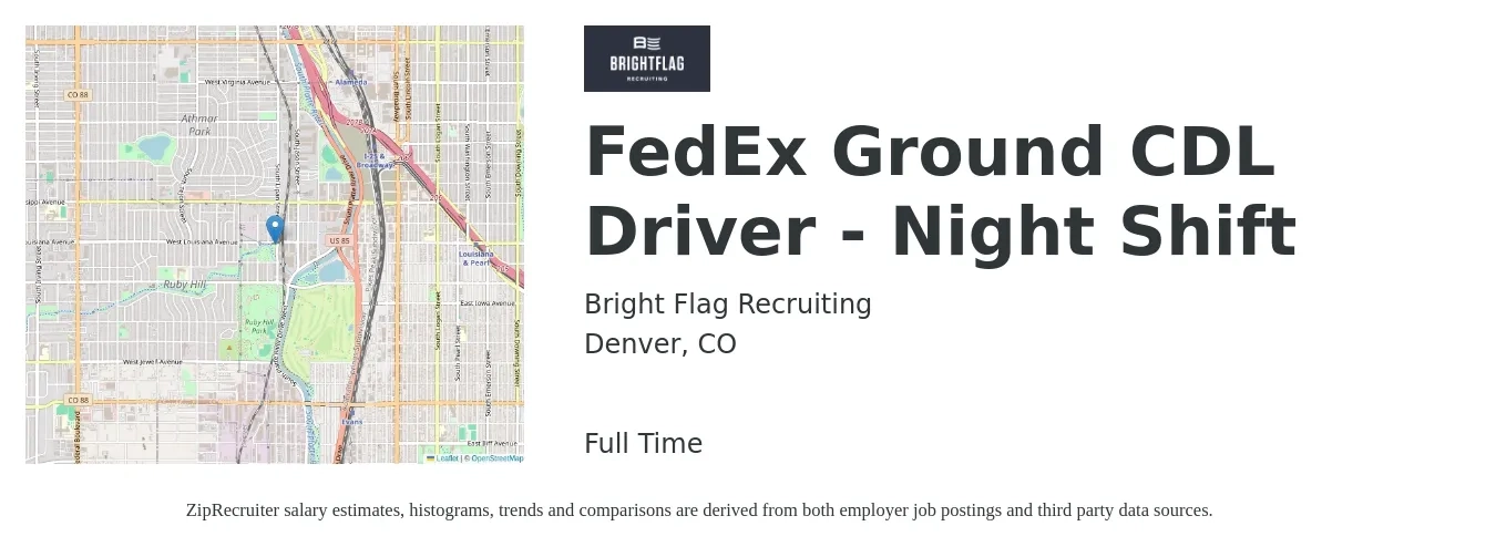 Bright Flag Recruiting job posting for a FedEx Ground CDL Driver - Night Shift in Denver, CO with a salary of $35 Hourly with a map of Denver location.