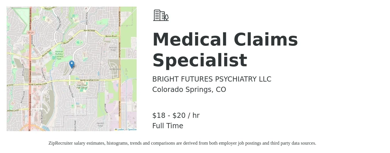 BRIGHT FUTURES PSYCHIATRY LLC job posting for a Medical Claims Specialist in Colorado Springs, CO with a salary of $19 to $22 Hourly with a map of Colorado Springs location.