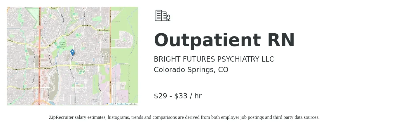 BRIGHT FUTURES PSYCHIATRY LLC job posting for a Outpatient RN in Colorado Springs, CO with a salary of $30 to $35 Hourly with a map of Colorado Springs location.
