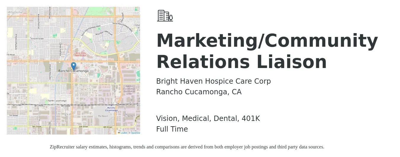 Bright Haven Hospice Care Corp job posting for a Marketing/Community Relations Liaison in Rancho Cucamonga, CA with a salary of $59,800 to $79,200 Yearly and benefits including vision, 401k, dental, and medical with a map of Rancho Cucamonga location.