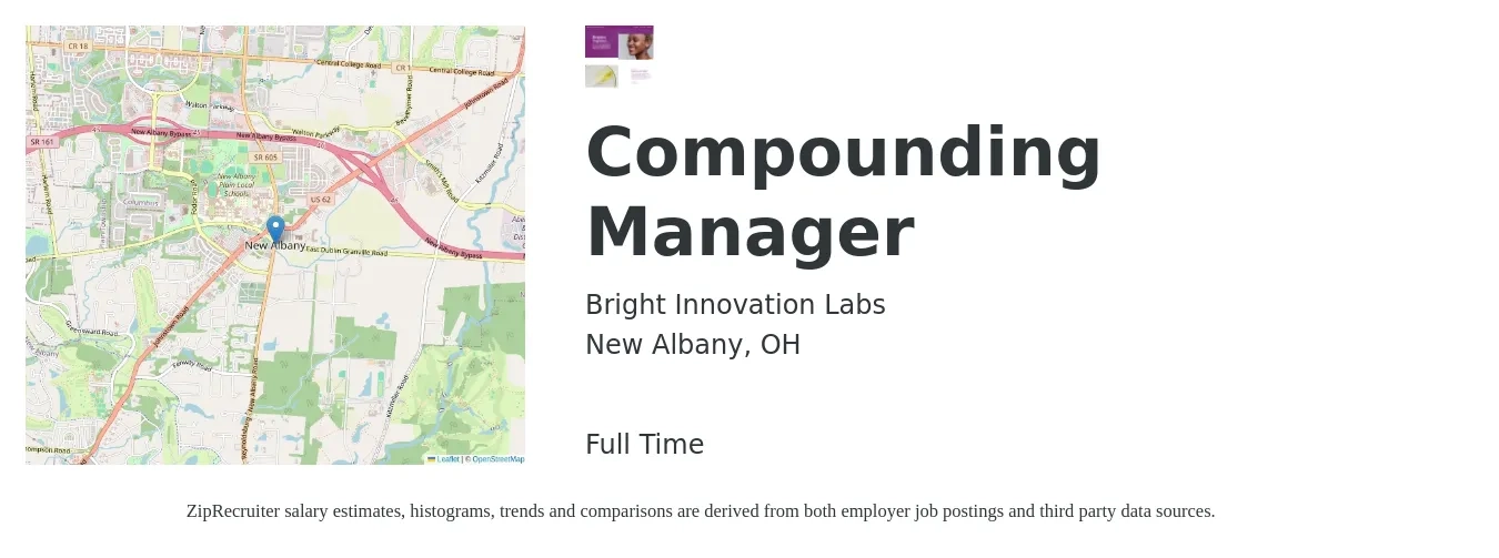 Bright Innovation Labs job posting for a Compounding Manager in New Albany, OH with a salary of $100,000 to $120,000 Yearly with a map of New Albany location.