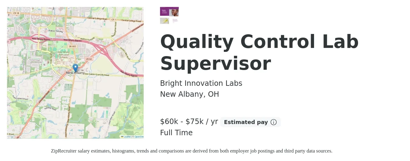 Bright Innovation Labs job posting for a Quality Control Lab Supervisor in New Albany, OH with a salary of $60,000 to $75,000 Yearly with a map of New Albany location.