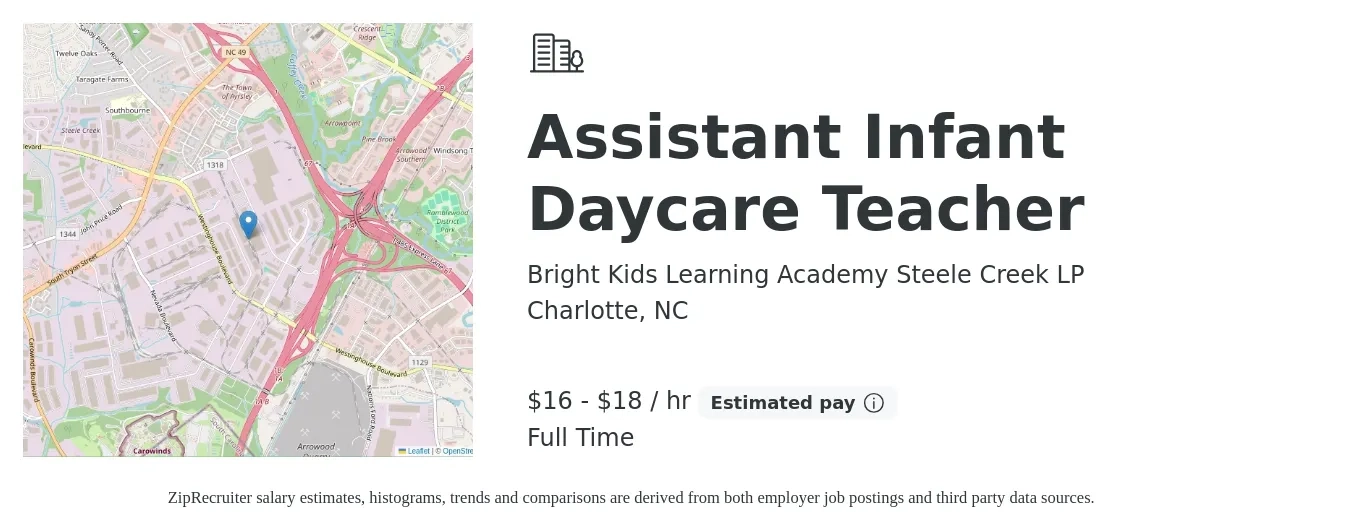 Bright Kids Learning Academy Steele Creek LP job posting for a Assistant Infant Daycare Teacher in Charlotte, NC with a salary of $17 to $19 Hourly with a map of Charlotte location.