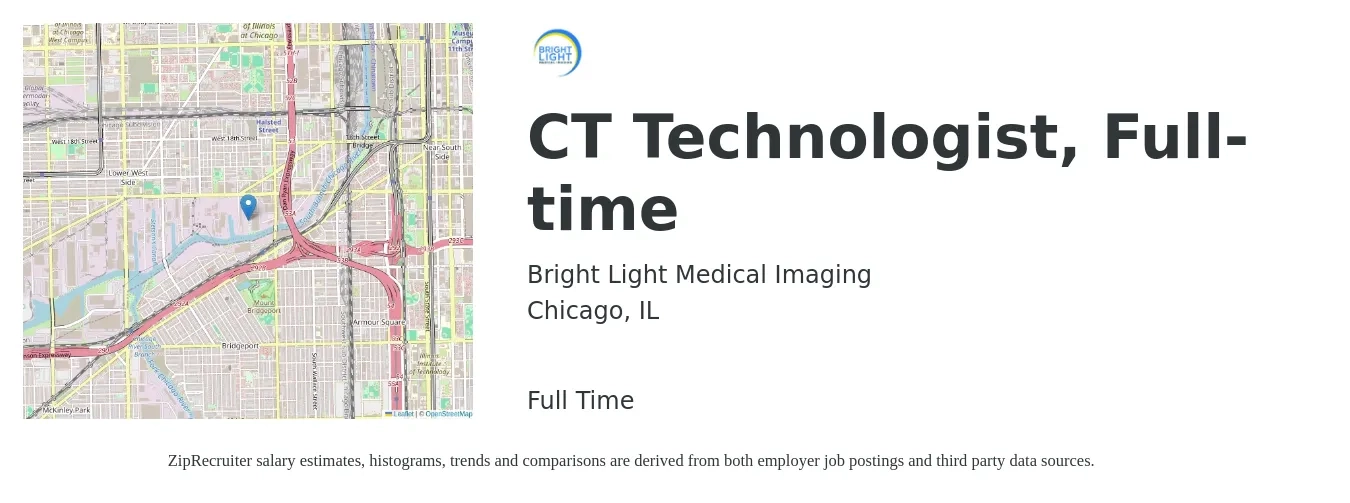 Bright Light Medical Imaging job posting for a CT Technologist, Full-time in Chicago, IL with a salary of $2,050 to $2,880 Weekly with a map of Chicago location.