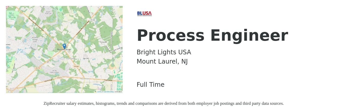 Bright Lights USA job posting for a Process Engineer in Mount Laurel, NJ with a salary of $73,800 to $102,000 Yearly with a map of Mount Laurel location.