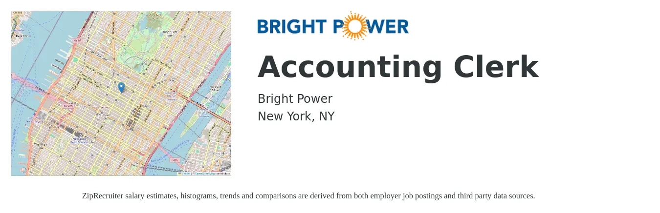 Bright Power job posting for a Accounting Clerk in New York, NY with a salary of $17 to $19 Hourly with a map of New York location.