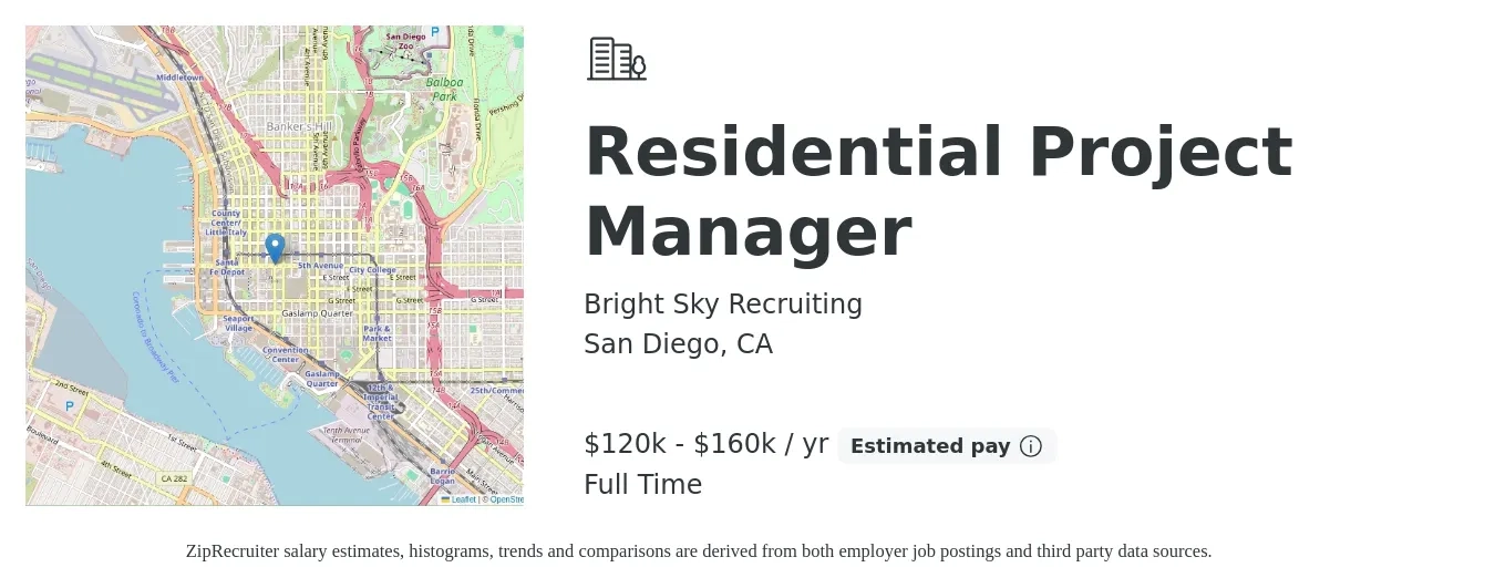 Bright Sky Recruiting job posting for a Residential Project Manager in San Diego, CA with a salary of $120,000 to $160,000 Yearly with a map of San Diego location.