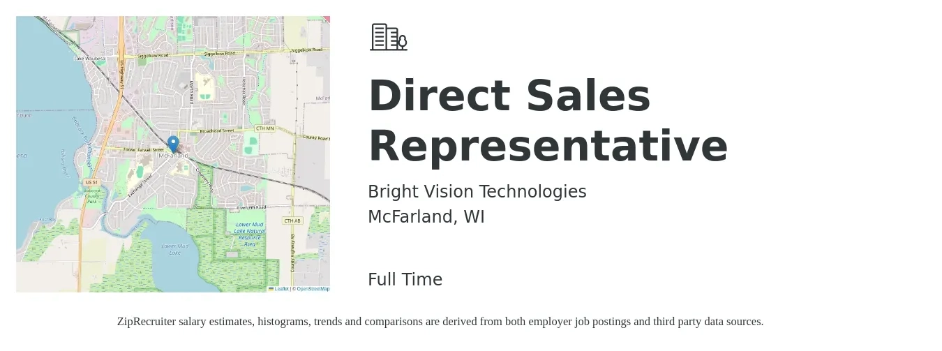Bright Vision Technologies job posting for a Direct Sales Representative in McFarland, WI with a salary of $47,200 to $70,100 Yearly with a map of McFarland location.
