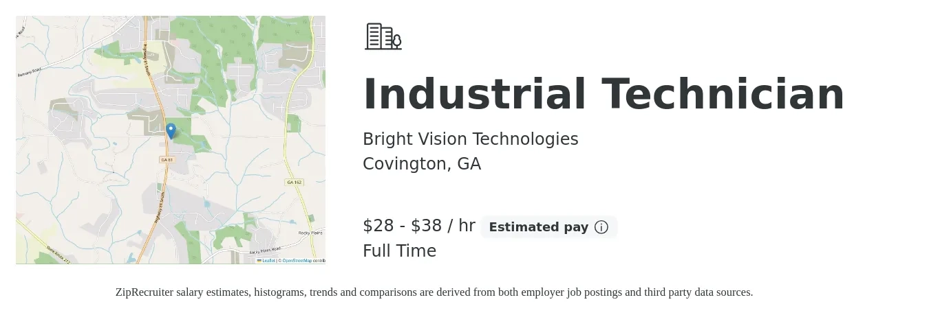 Bright Vision Technologies job posting for a Industrial Technician in Covington, GA with a salary of $30 to $40 Hourly with a map of Covington location.