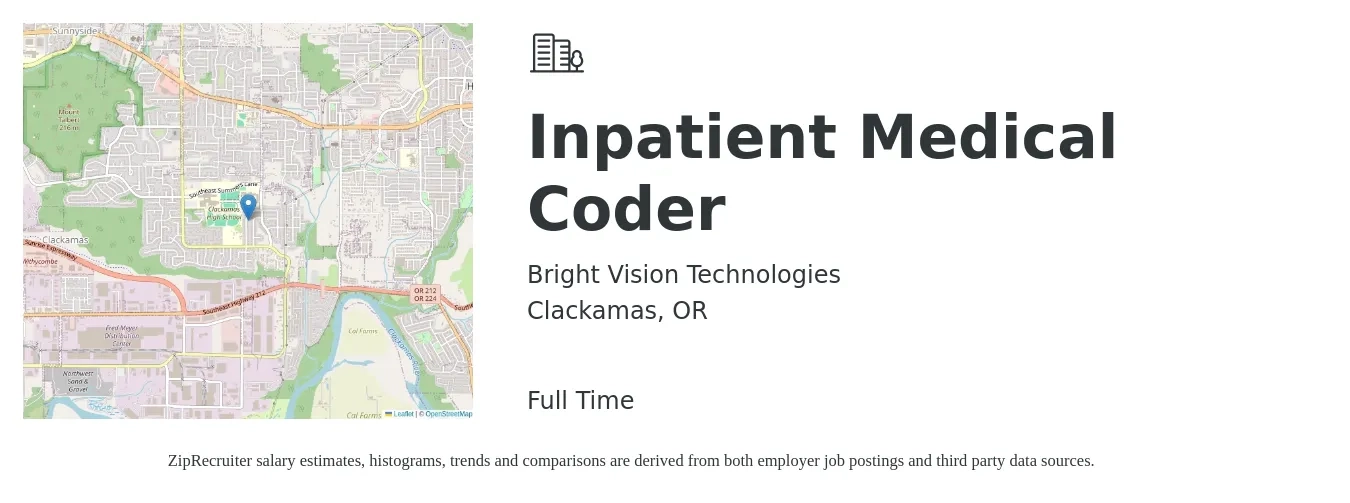 Bright Vision Technologies job posting for a Inpatient Medical Coder in Clackamas, OR with a salary of $23 to $28 Hourly with a map of Clackamas location.