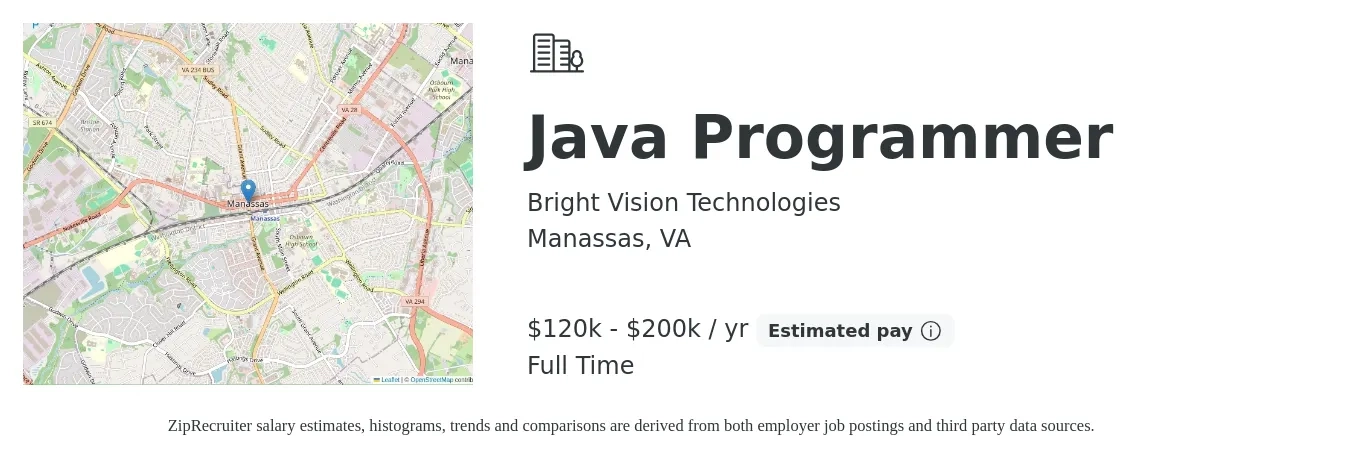 Bright Vision Technologies job posting for a Java Programmer in Manassas, VA with a salary of $46 to $61 Hourly with a map of Manassas location.