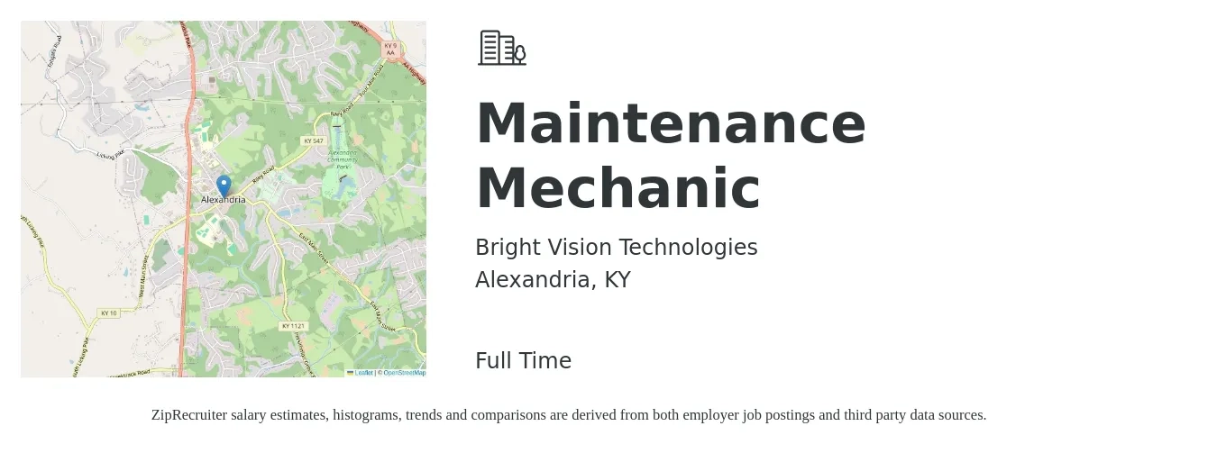 Bright Vision Technologies job posting for a Maintenance Mechanic in Alexandria, KY with a salary of $24 to $30 Hourly with a map of Alexandria location.