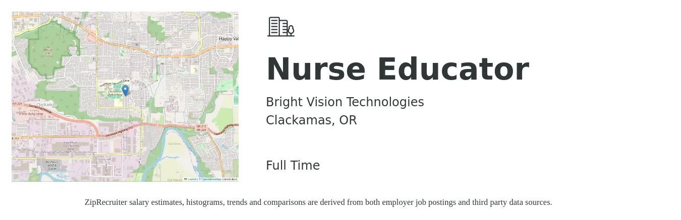 Bright Vision Technologies job posting for a Nurse Educator in Clackamas, OR with a salary of $113,800 to $171,800 Yearly with a map of Clackamas location.