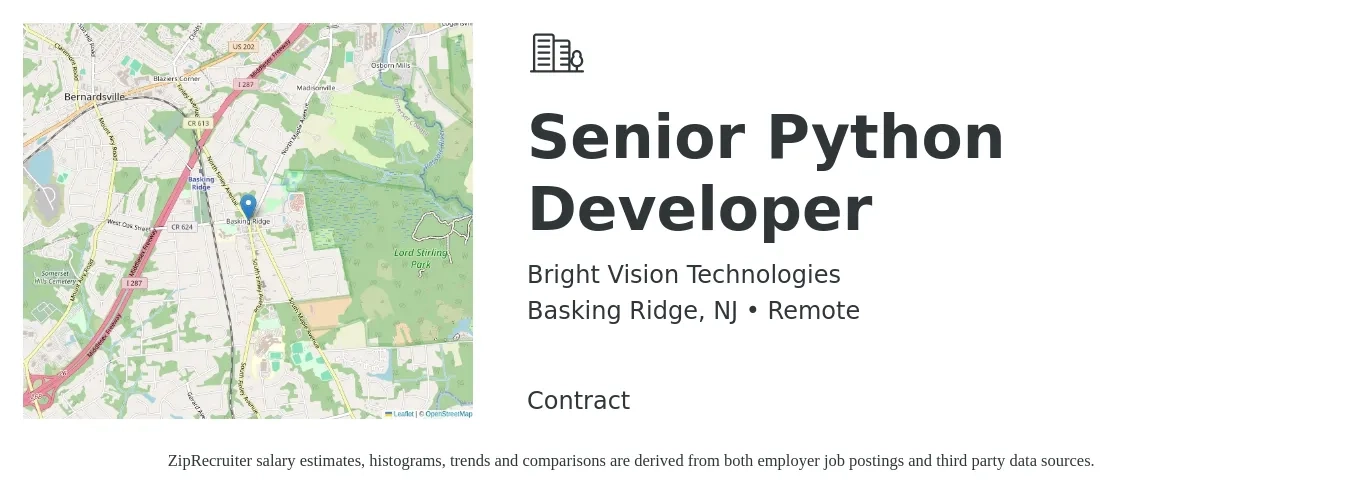 Bright Vision Technologies job posting for a Senior Python Developer in Basking Ridge, NJ with a salary of $125,200 to $168,500 Yearly with a map of Basking Ridge location.