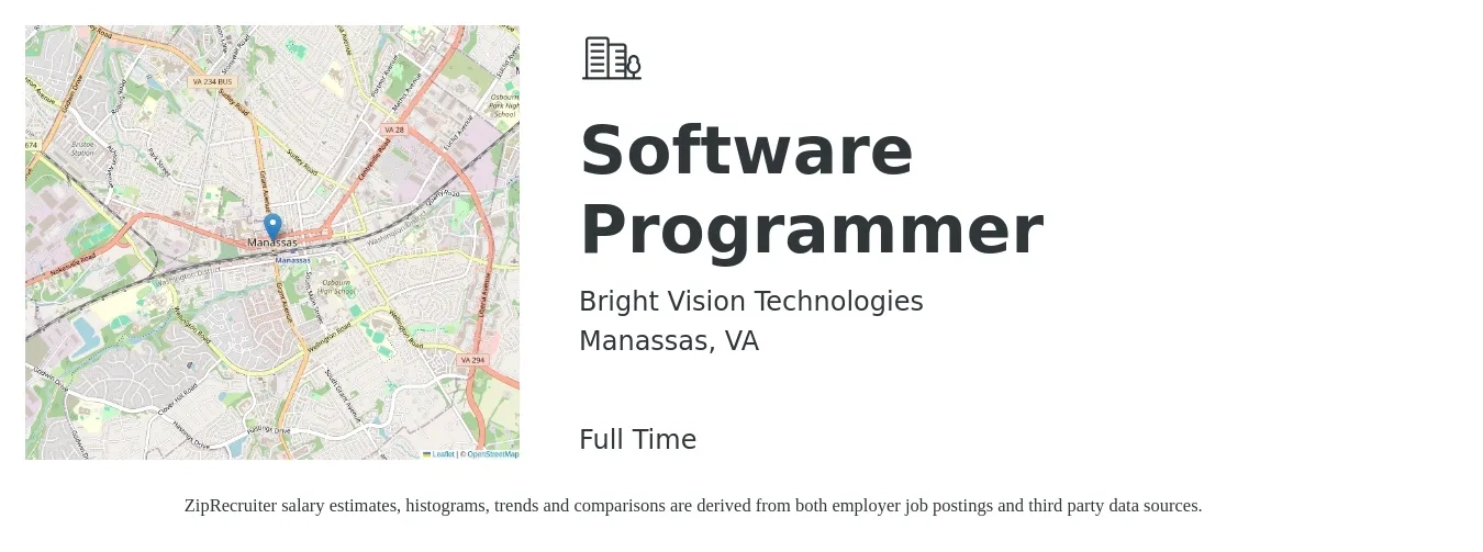 Bright Vision Technologies job posting for a Software Programmer in Manassas, VA with a salary of $46 to $66 Hourly with a map of Manassas location.