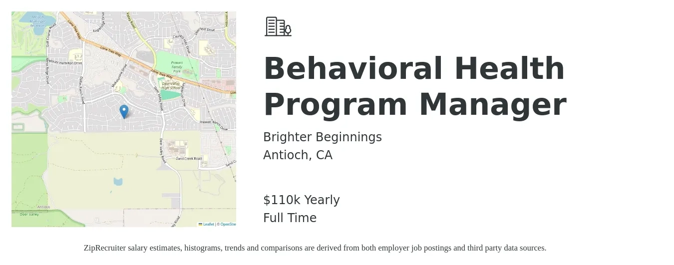 Brighter Beginnings job posting for a Behavioral Health Program Manager in Antioch, CA with a salary of $110,000 Yearly with a map of Antioch location.