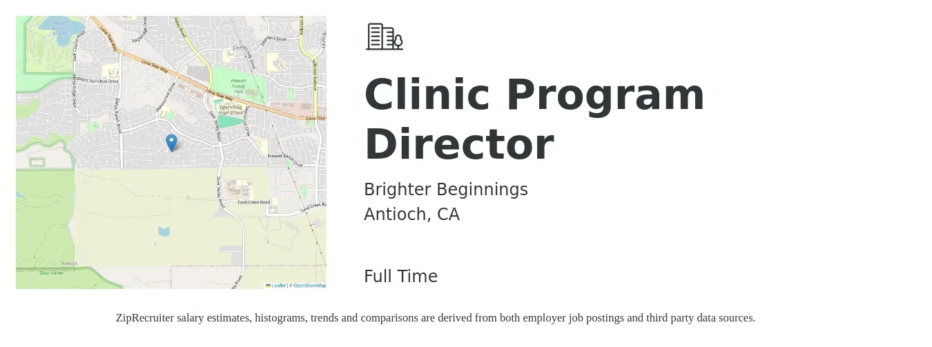 Brighter Beginnings job posting for a Clinic Program Director in Antioch, CA with a salary of $90,000 to $100,000 Yearly with a map of Antioch location.