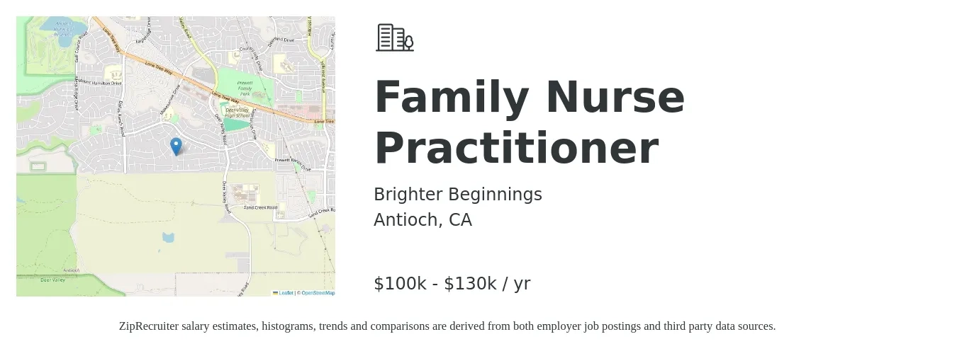 Brighter Beginnings job posting for a Family Nurse Practitioner in Antioch, CA with a salary of $100,000 to $130,000 Yearly with a map of Antioch location.