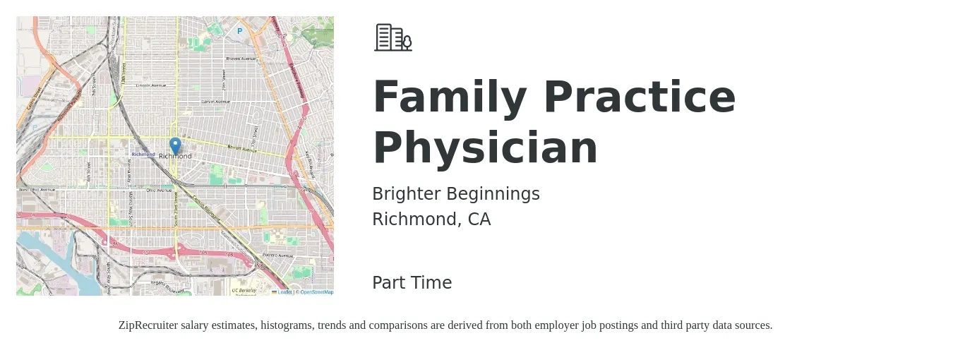 Brighter Beginnings job posting for a Family Practice Physician in Richmond, CA with a salary of $180,000 to $200,000 Yearly with a map of Richmond location.