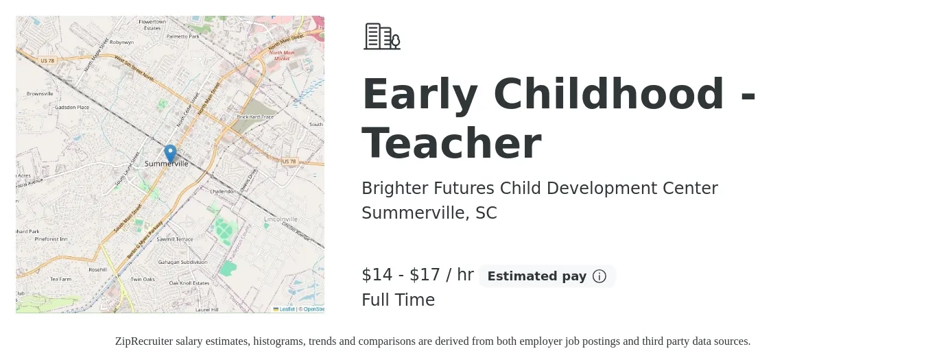 Brighter Futures Child Development Center job posting for a Early Childhood - Teacher in Summerville, SC with a salary of $16 to $18 Hourly with a map of Summerville location.