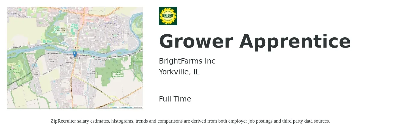 BrightFarms Inc job posting for a Grower Apprentice in Yorkville, IL with a salary of $15 to $26 Hourly with a map of Yorkville location.