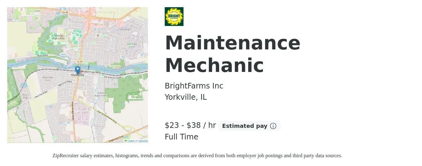 BrightFarms Inc job posting for a Maintenance Mechanic in Yorkville, IL with a salary of $24 to $40 Hourly with a map of Yorkville location.