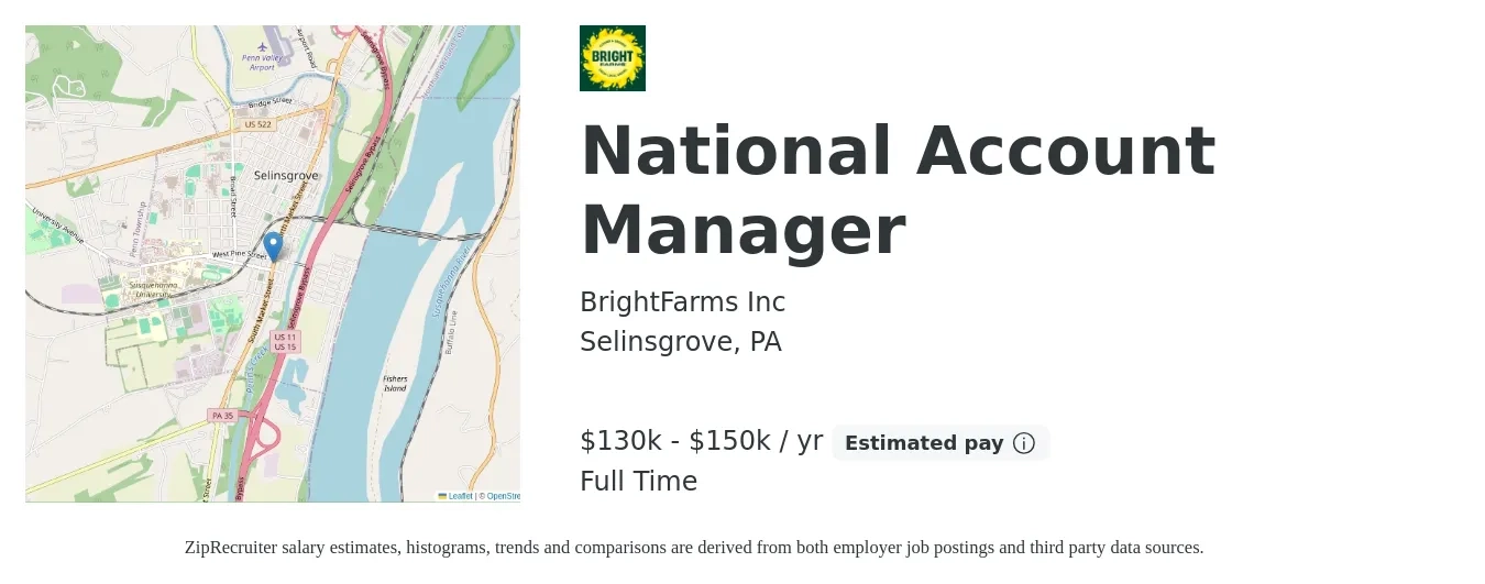 BrightFarms Inc job posting for a National Account Manager in Selinsgrove, PA with a salary of $130,000 to $150,000 Yearly with a map of Selinsgrove location.